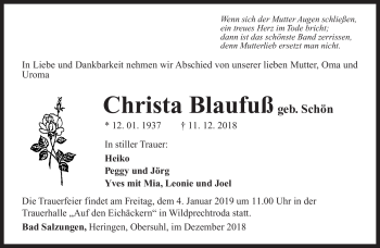 Traueranzeige von Christa Blaufuß von Südthüringer Presse