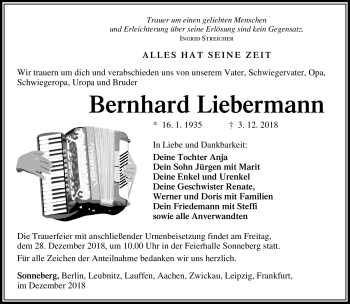 Traueranzeige von Bernhard Liebermann von Südthüringer Presse