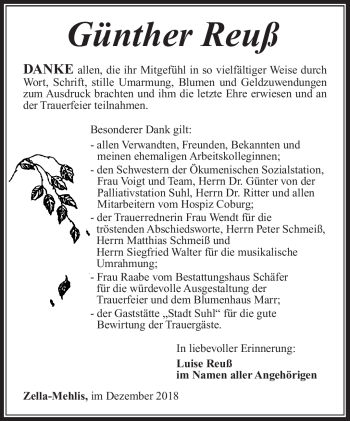 Traueranzeige von Günther Reuß von Südthüringer Presse