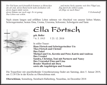 Traueranzeige von Ella Förtsch von Südthüringer Presse