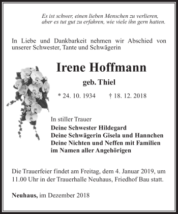 Traueranzeige von Irene Hoffmann von Südthüringer Presse