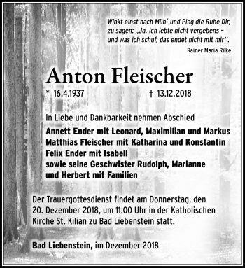 Traueranzeige von Anton Fleischer von Südthüringer Presse