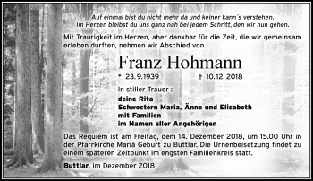 Traueranzeige von Franz Hohmann von Südthüringer Presse
