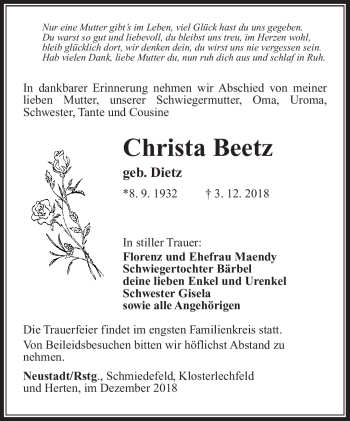 Traueranzeige von Christa Beetz von Südthüringer Presse