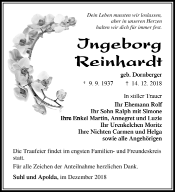 Traueranzeige von Ingeborg Reinhardt von Südthüringer Presse