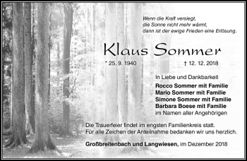 Traueranzeige von Klaus Sommer von Südthüringer Presse
