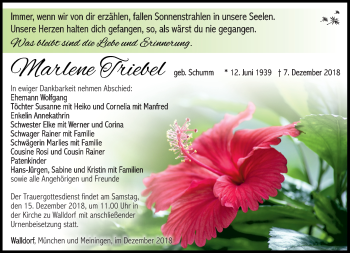 Traueranzeige von Marlene Triebel von Südthüringer Presse