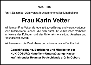 Traueranzeige von Karin Vetter von Neue Presse Coburg