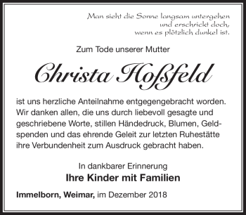 Traueranzeige von Christa Hoßfeld von Südthüringer Presse