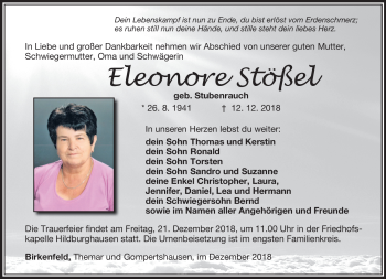 Traueranzeige von Eleonore Stößel von Südthüringer Presse