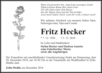 Traueranzeige von Fritz Hecker von Südthüringer Presse