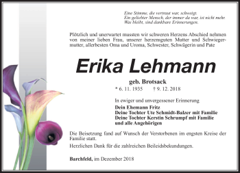 Traueranzeige von Erika Lehmann von Südthüringer Presse