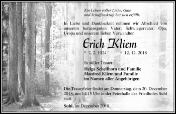 Traueranzeige von Erich Kliem von Südthüringer Presse