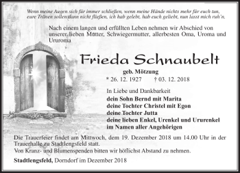 Traueranzeige von Frieda Schnaubelt von Südthüringer Presse