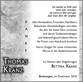 Traueranzeige von Thomas Kranz von Südthüringer Presse
