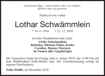 Traueranzeige von Lothar Schwämmlein von Südthüringer Presse
