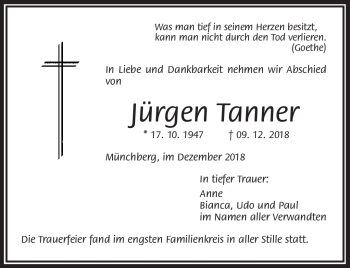 Traueranzeige von Jürgen Tanner von Frankenpost