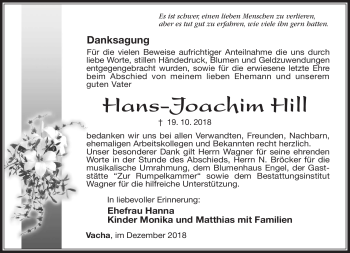 Traueranzeige von Hans-Joachim Hill von Südthüringer Presse