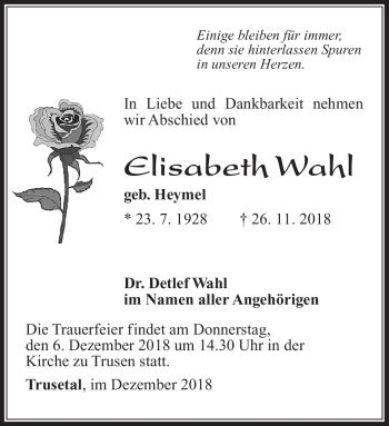 Traueranzeige von Elisabeth Wahl von Südthüringer Presse