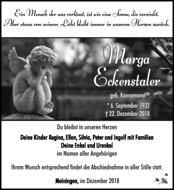 Traueranzeige von Marga Eckenstaler von Südthüringer Presse