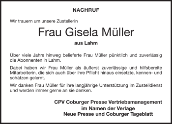 Traueranzeige von Gisela Müller von Neue Presse Coburg