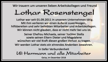 Traueranzeige von Lothar Rosenstengel von Südthüringer Presse