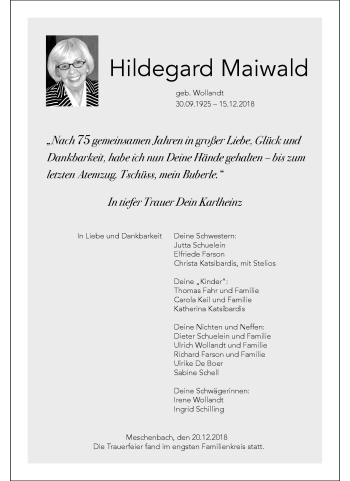 Traueranzeige von Hildegard Maiwald von Neue Presse Coburg