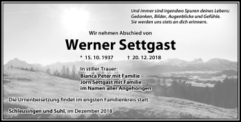 Traueranzeige von Werner Settgast von Südthüringer Presse
