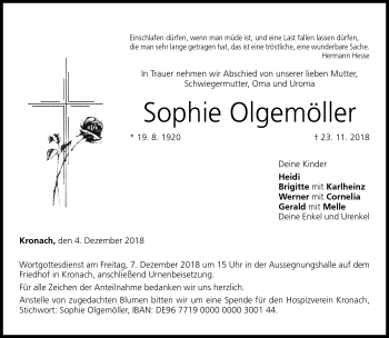 Traueranzeige von Sophie Olgemöller von Neue Presse Coburg