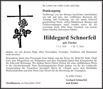 Traueranzeige von Hildegard Schnorfeil von Südthüringer Presse