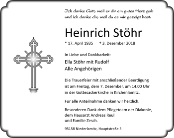 Traueranzeige von Heinrich Stöhr von Frankenpost
