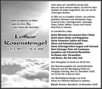 Traueranzeige von Lothar Rosenstengel von Südthüringer Presse