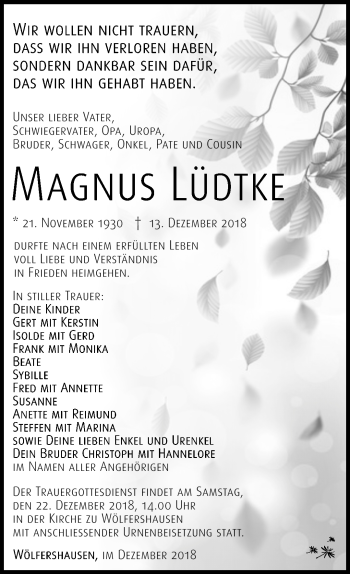 Traueranzeige von Magnus Lüdtke von Südthüringer Presse