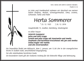 Traueranzeige von Herta Sommerer von Frankenpost