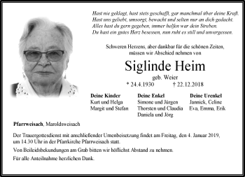 Traueranzeige von Siglinde Heim von Neue Presse Coburg