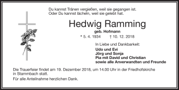 Traueranzeige von Hedwig Ramming von Frankenpost
