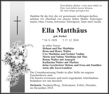 Traueranzeige von Ella Matthäus von Südthüringer Presse