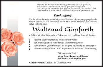 Traueranzeige von Waltraud Göpfarth von Südthüringer Presse