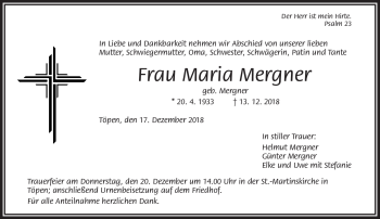 Traueranzeige von Maria Mergner von Frankenpost
