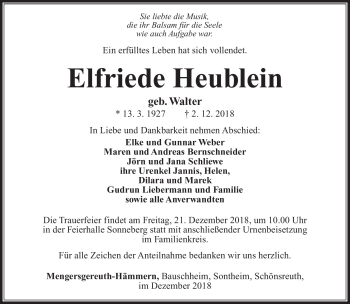Traueranzeige von Elfriede Heublein von Südthüringer Presse