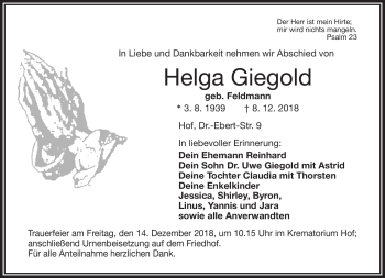 Traueranzeige von Helga Giegold von Frankenpost