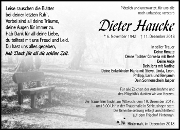 Traueranzeige von Dieter Haucke von Südthüringer Presse
