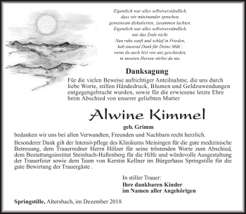 Traueranzeige von Alwine Kimmel von Südthüringer Presse