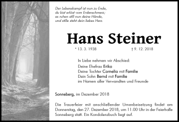 Traueranzeige von Hans Steiner von Südthüringer Presse