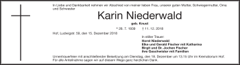 Traueranzeige von Karin Niederwald von Frankenpost