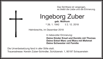 Traueranzeige von Ingeborg Zuber von Frankenpost
