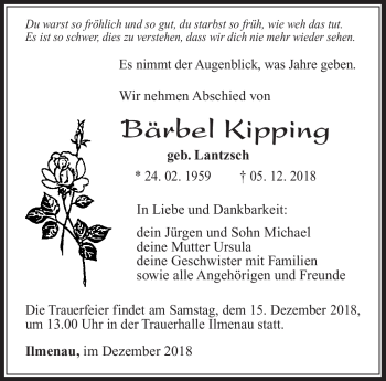 Traueranzeige von Bärbel Kipping von Südthüringer Presse