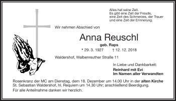Traueranzeige von Anna Reuschl von Frankenpost