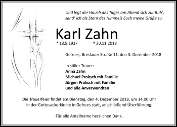 Traueranzeige von Karl Zahn von Frankenpost