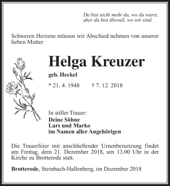 Traueranzeige von Helga Kreuzer von Südthüringer Presse